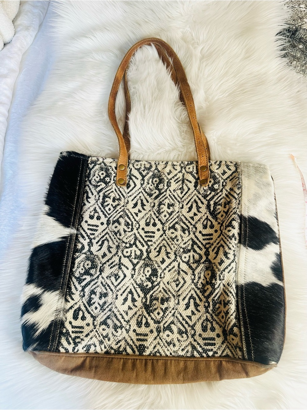 Myra Bag Black Cow Leather and Canvas Tote